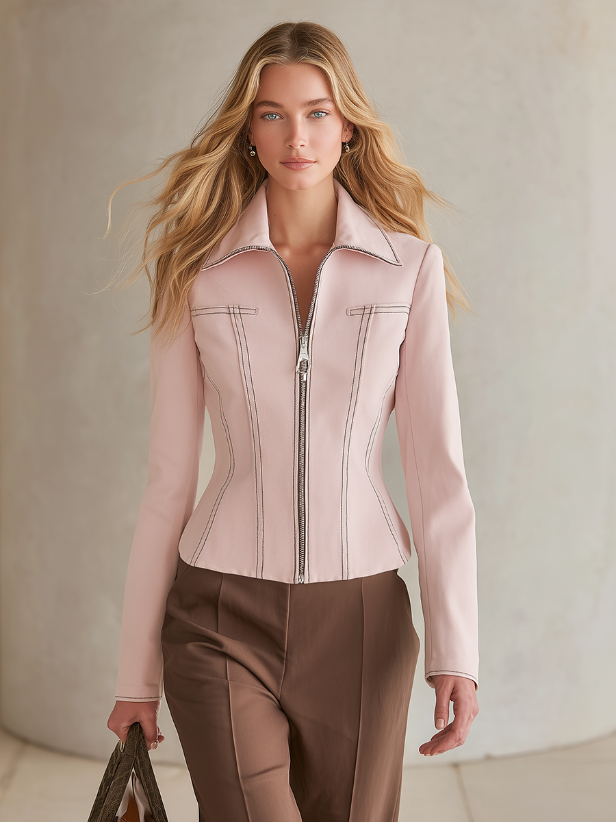 Women's Pink Denim Jacket Zip Front Wide Collar Contrast Stitch Fitted Corset