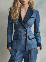 Women's Denim Blazer Double Breasted Gold Buttons Contrast Trim Fitted Suit Jacket