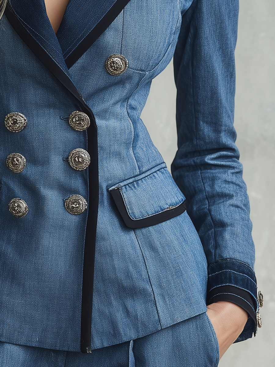 Women's Denim Blazer Double Breasted Gold Buttons Contrast Trim Fitted Suit Jacket