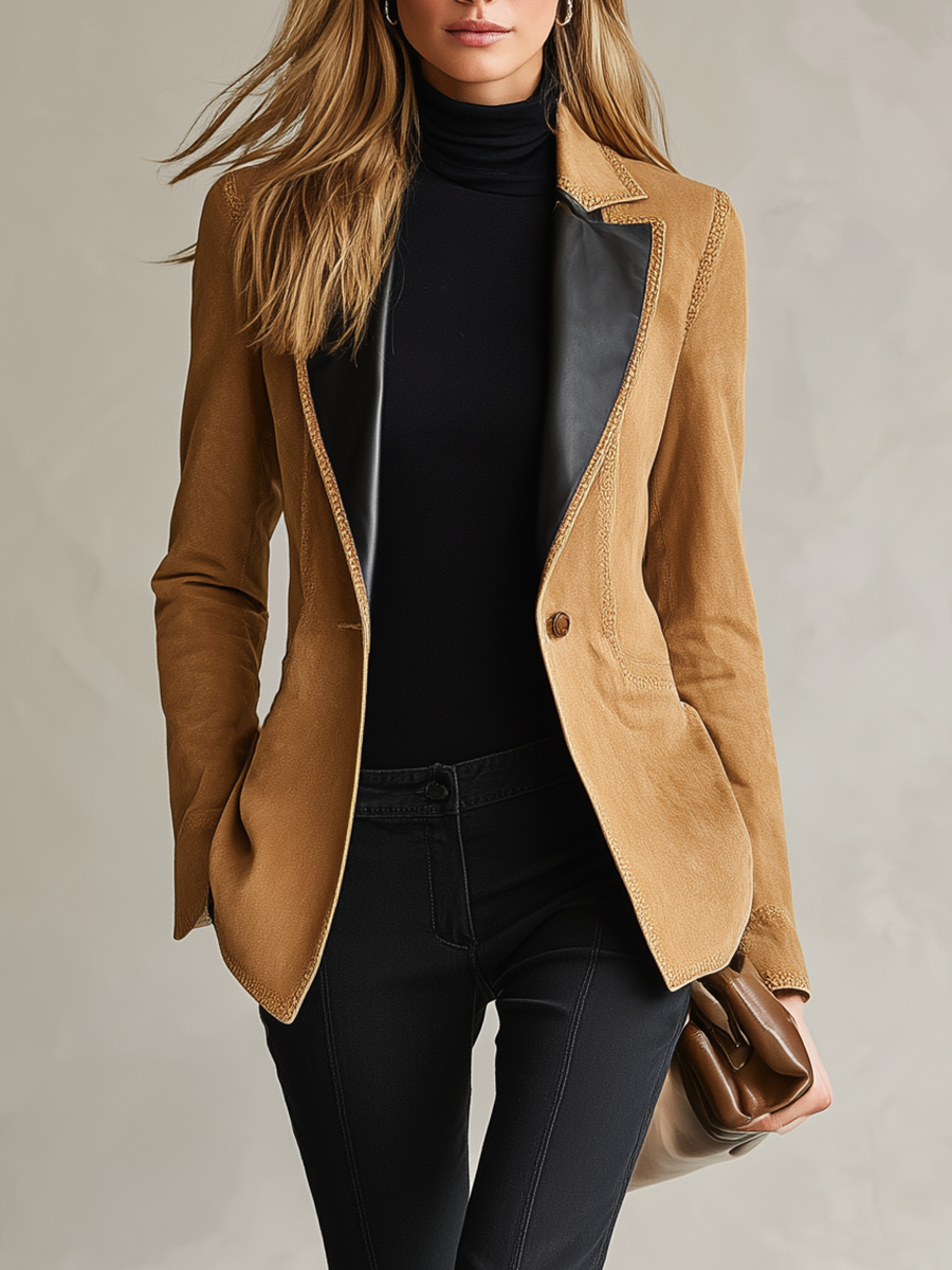 Women's Tan Suede Blazer Fitted Leather Lapel Single Button Western Fall