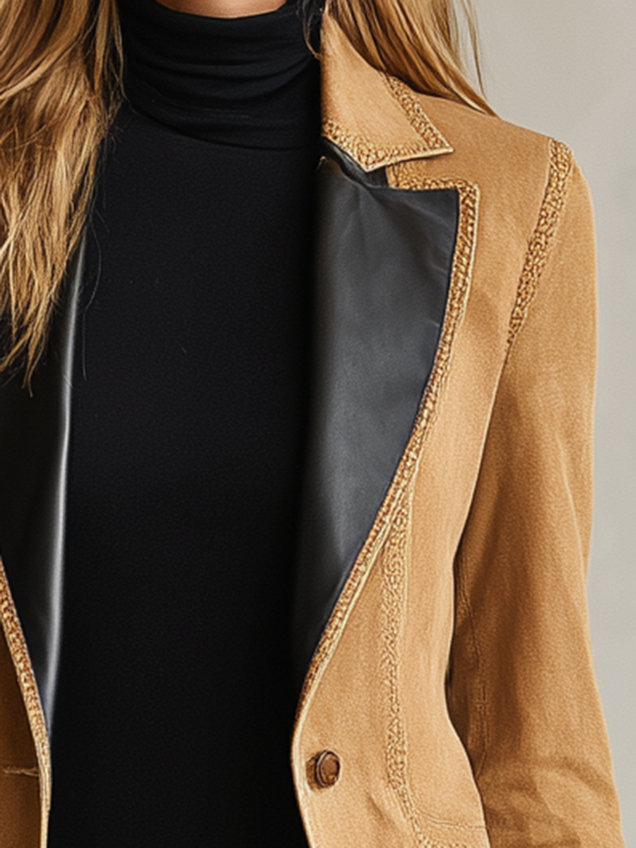 Women's Tan Suede Blazer Fitted Leather Lapel Single Button Western Fall
