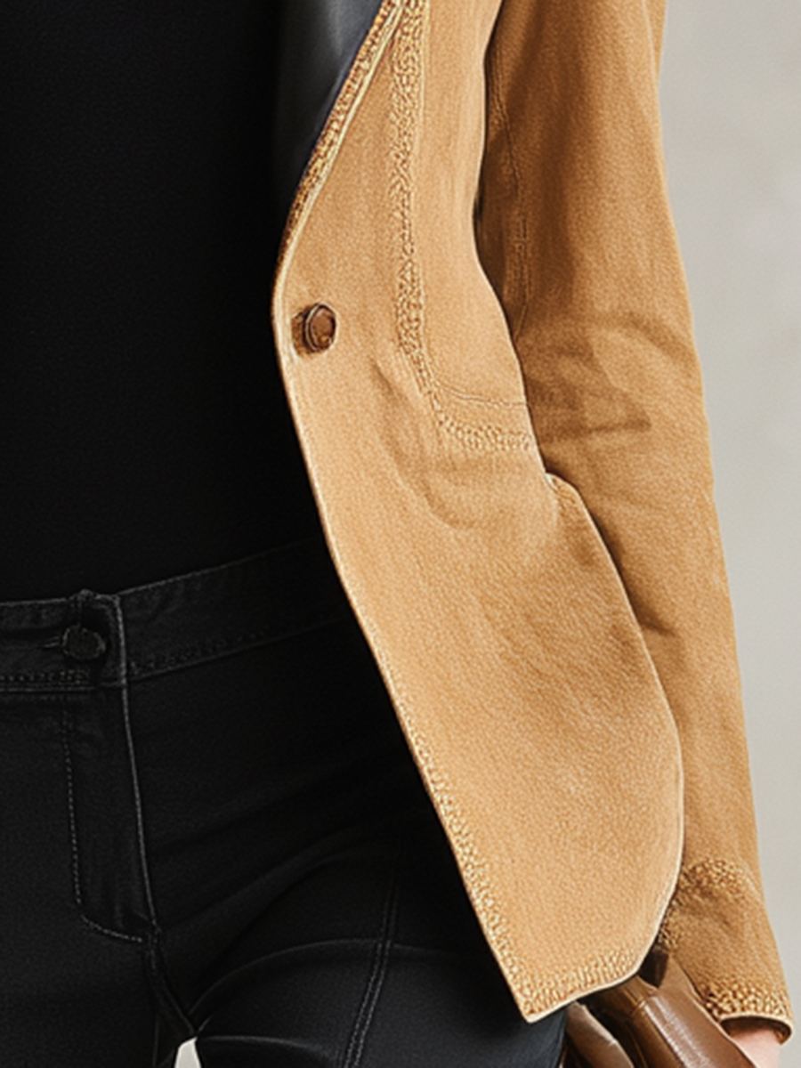 Women's Tan Suede Blazer Fitted Leather Lapel Single Button Western Fall