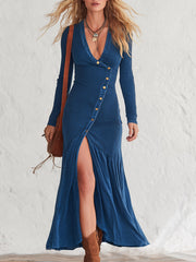 Stylish Blue Washed Cotton Patchwork Denim-Trim V-Neck Maxi Dress