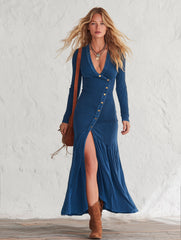Stylish Blue Washed Cotton Patchwork Denim-Trim V-Neck Maxi Dress