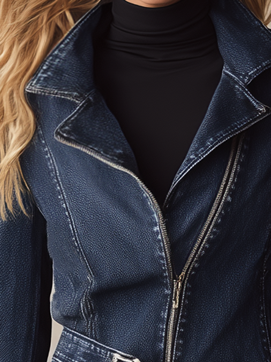 Women's Dark Denim Moto Jacket Belted Asymmetric Zip Fitted Biker Western Fall