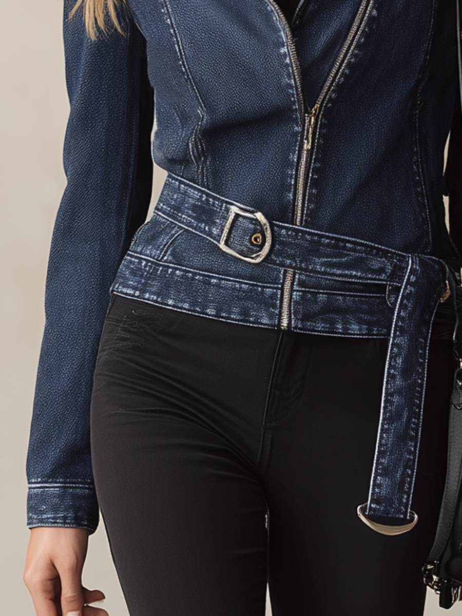 Women's Dark Denim Moto Jacket Belted Asymmetric Zip Fitted Biker Western Fall