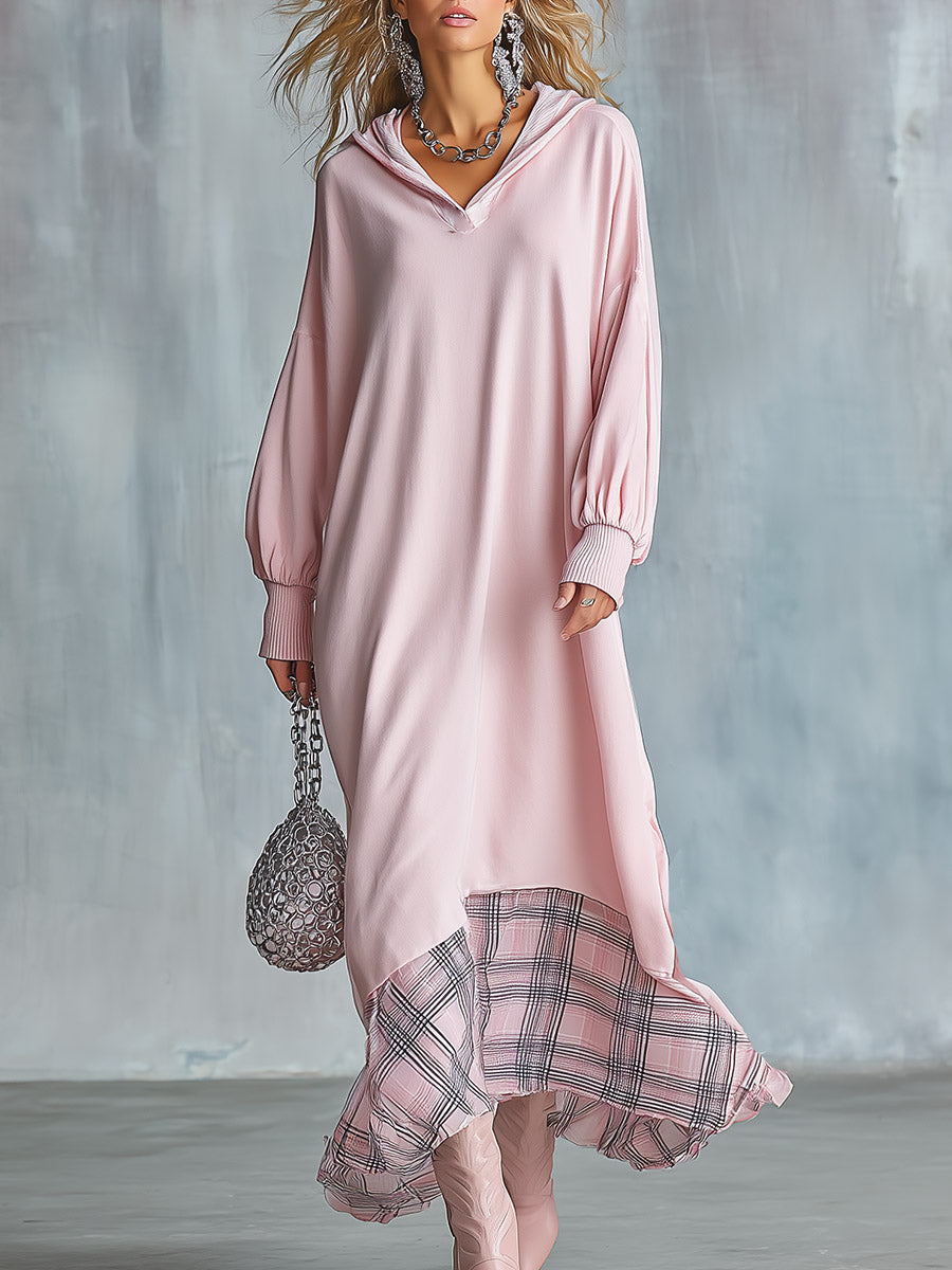 Women's Oversized Hooded Sweatshirt with Plaid Hem Contrast Maxi Dress