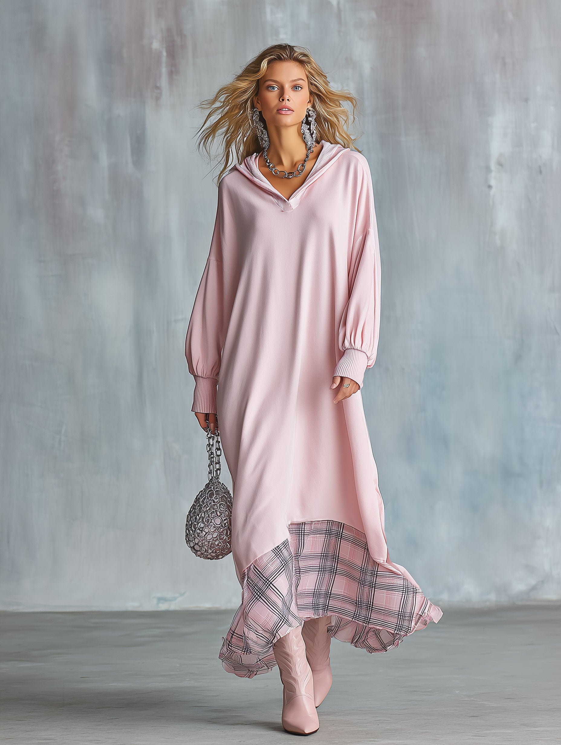 Women's Oversized Hooded Sweatshirt with Plaid Hem Contrast Maxi Dress