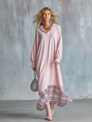 Women's Oversized Hooded Sweatshirt with Plaid Hem Contrast Maxi Dress