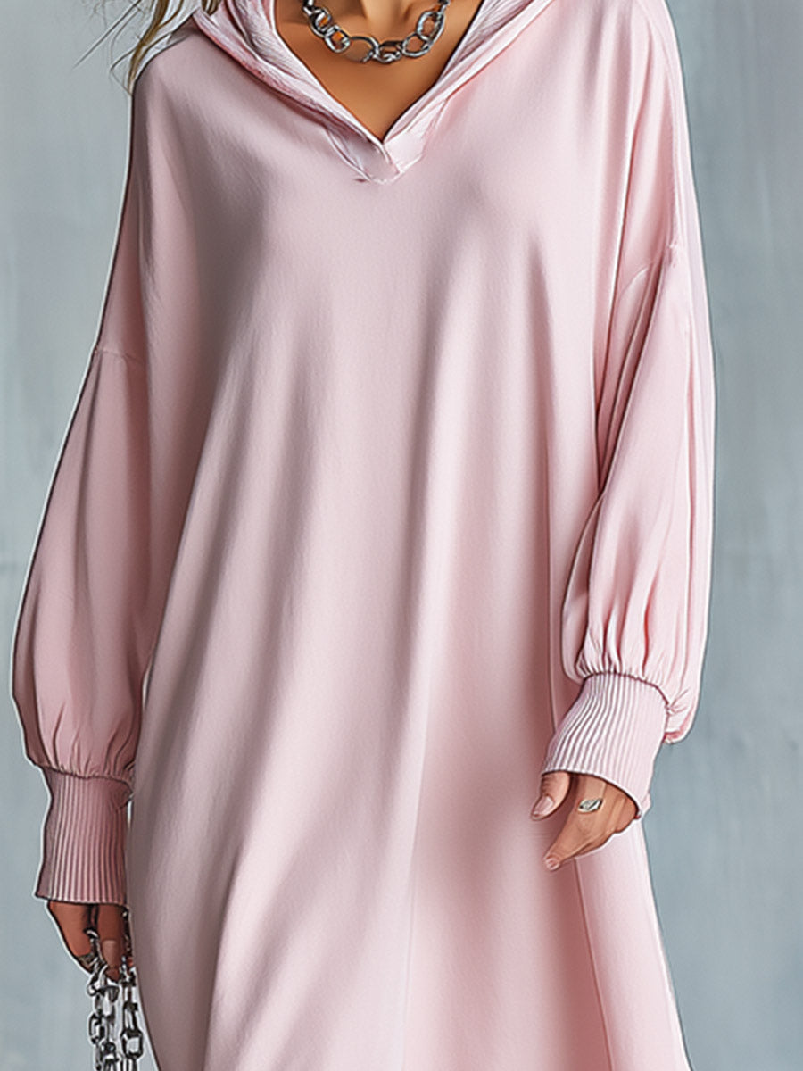 Women's Oversized Hooded Sweatshirt with Plaid Hem Contrast Maxi Dress