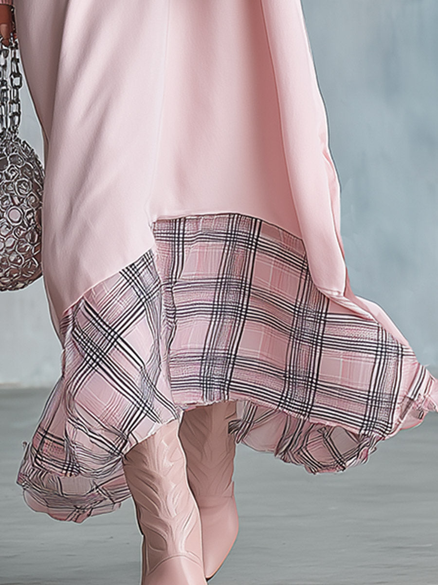 Women's Oversized Hooded Sweatshirt with Plaid Hem Contrast Maxi Dress