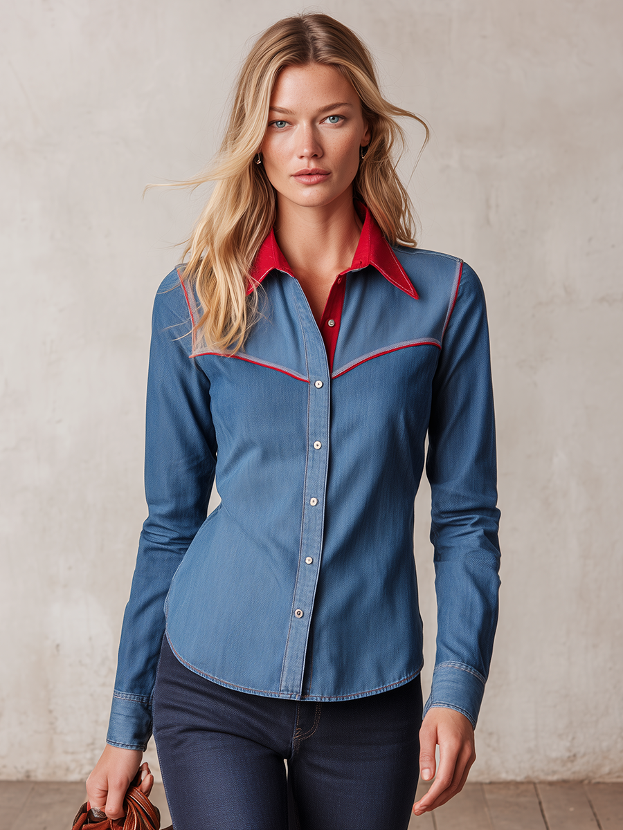 Women's Western Denim Shirt Contrast Red Collar Piping Fitted Snap Button