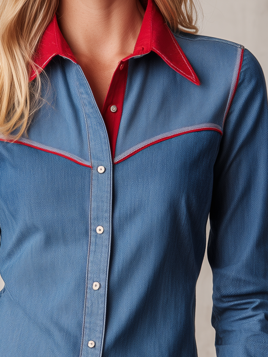 Women's Western Denim Shirt Contrast Red Collar Piping Fitted Snap Button