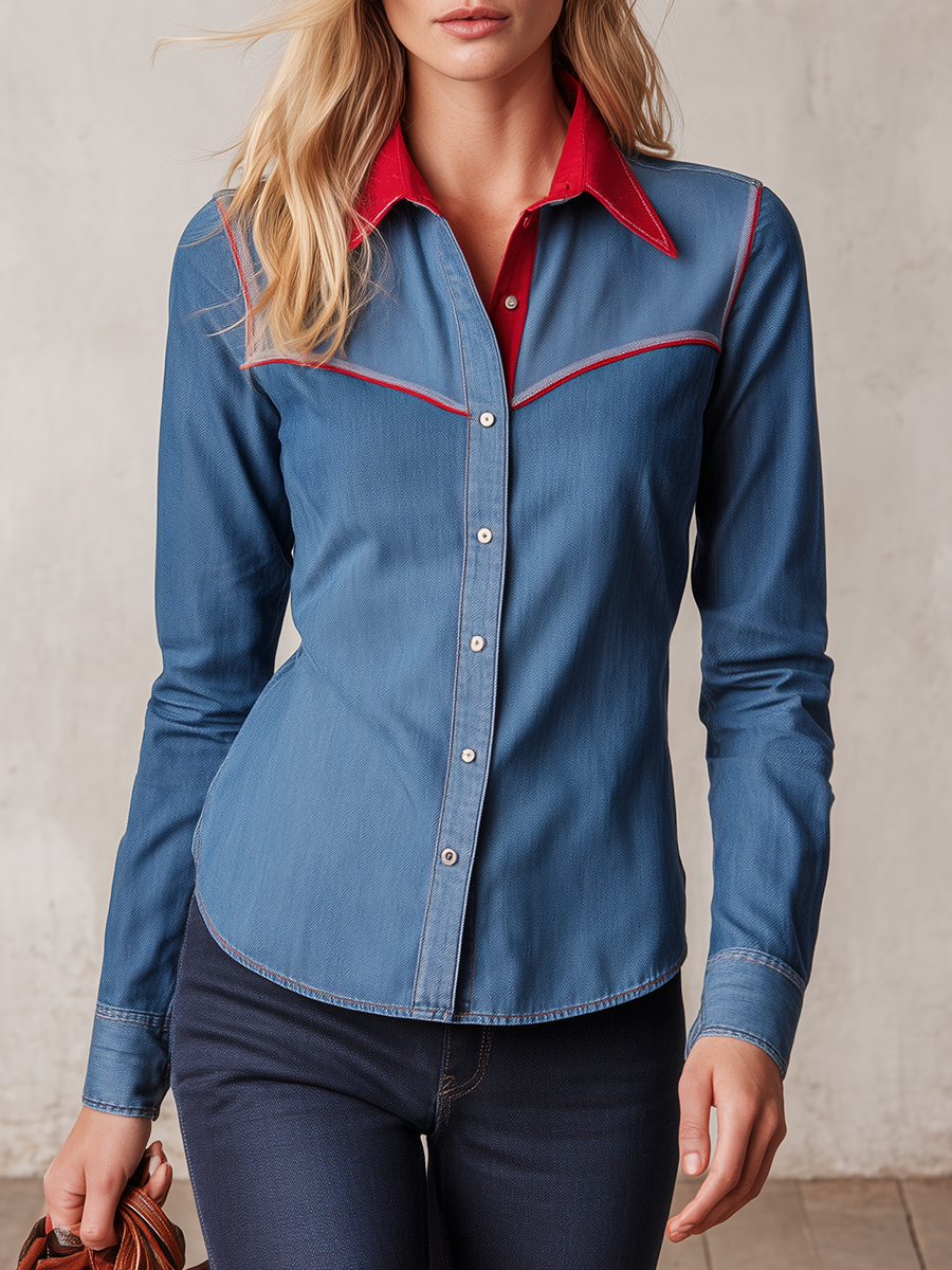 Women's Western Denim Shirt Contrast Red Collar Piping Fitted Snap Button