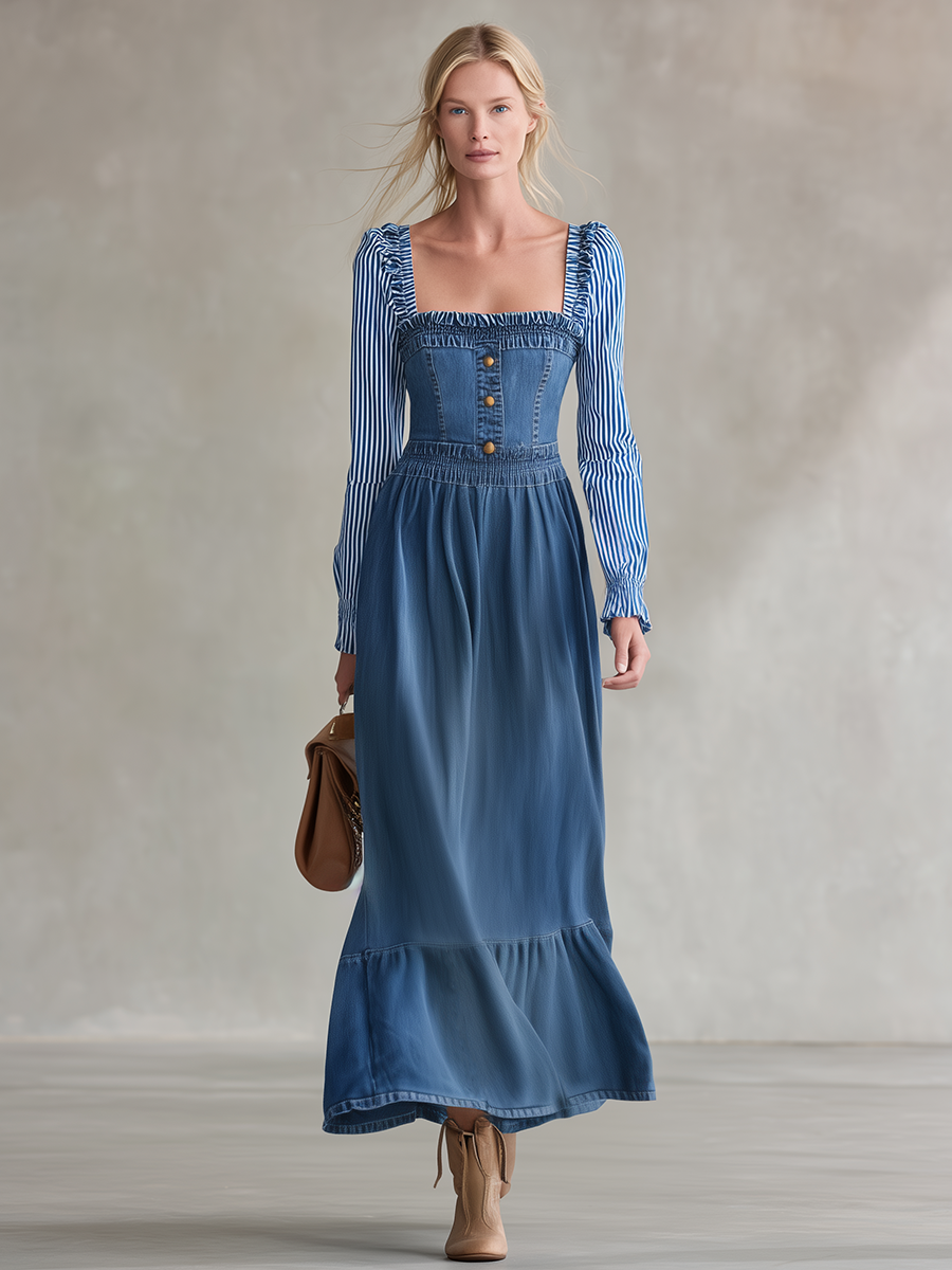 Women's Denim Maxi Dress Square Neck Smocked Striped Sleeve Tiered Prairie Fall