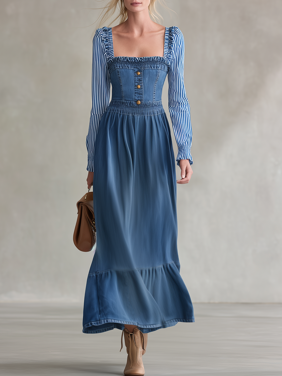 Women's Denim Maxi Dress Square Neck Smocked Striped Sleeve Tiered Prairie Fall