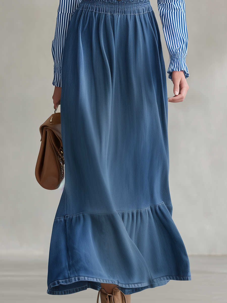 Women's Denim Maxi Dress Square Neck Smocked Striped Sleeve Tiered Prairie Fall