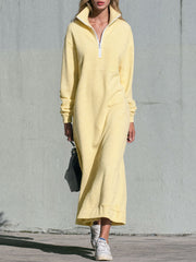 Stylish Retro Yellow Collared Half-zip Cotton Maxi Dress