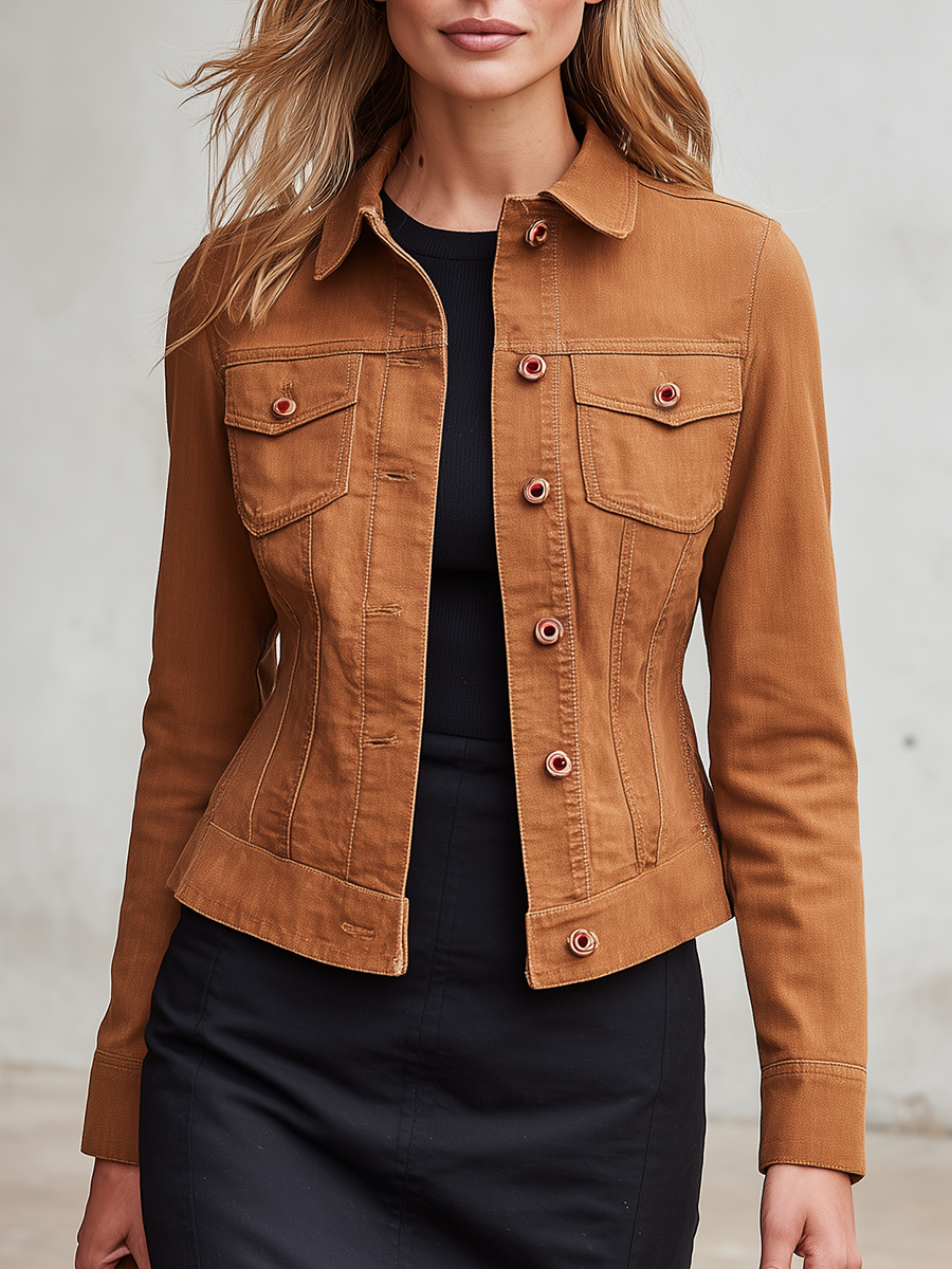 Women's Tan Denim Jacket Fitted Stand Collar Chest Pockets Contrast Snap Buttons