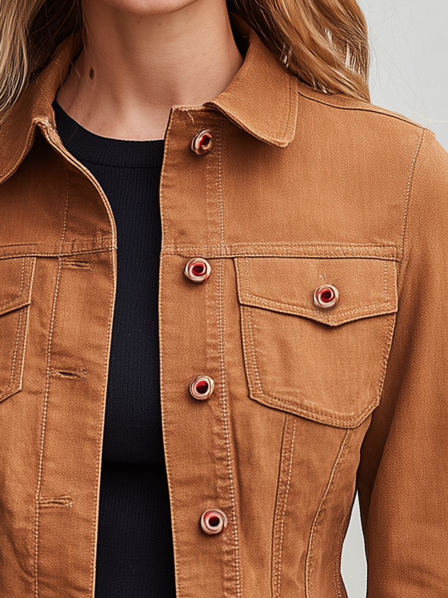Women's Tan Denim Jacket Fitted Stand Collar Chest Pockets Contrast Snap Buttons