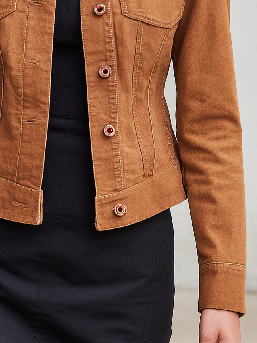 Women's Tan Denim Jacket Fitted Stand Collar Chest Pockets Contrast Snap Buttons