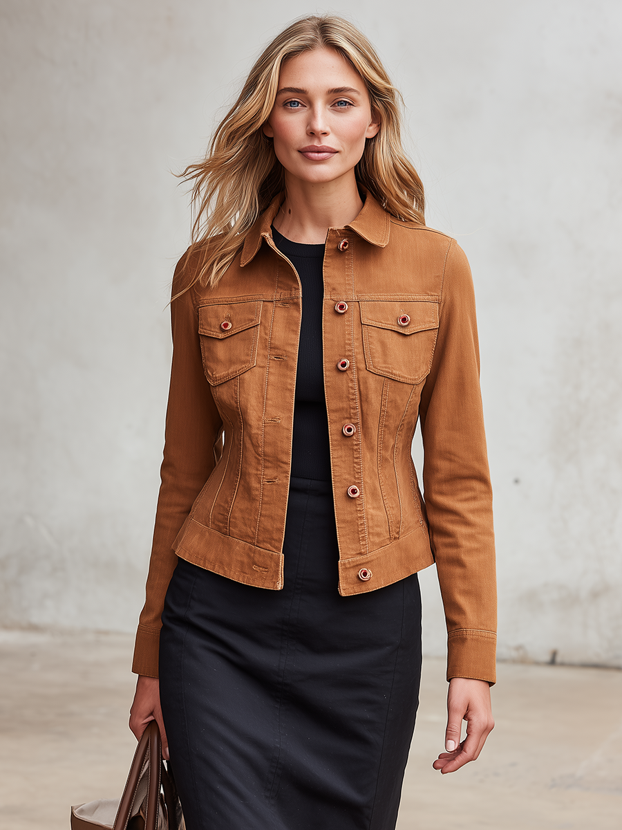 Women's Tan Denim Jacket Fitted Stand Collar Chest Pockets Contrast Snap Buttons