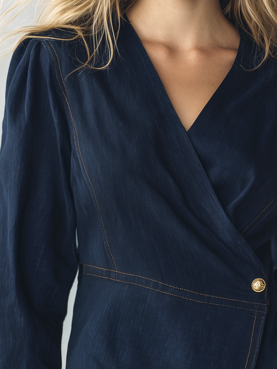 Women's Navy Denim Wrap Top V-Neck Long Sleeve Fitted Peplum Blouse