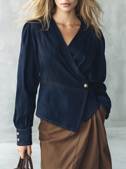 Women's Navy Denim Wrap Top V-Neck Long Sleeve Fitted Peplum Blouse