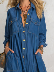 Women's Multi-pocket Full-skirt Blue Denim Maxi Dress