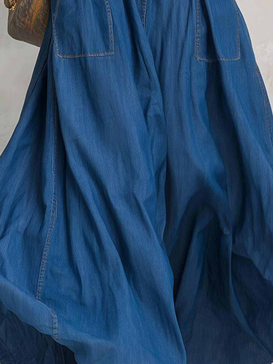 Women's Multi-pocket Full-skirt Blue Denim Maxi Dress