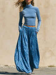 Stylish And Casual Blue Turtleneck Velvet T-shirt And Leopard Print Skirt Set