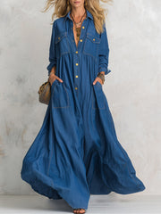 Women's Multi-pocket Full-skirt Blue Denim Maxi Dress
