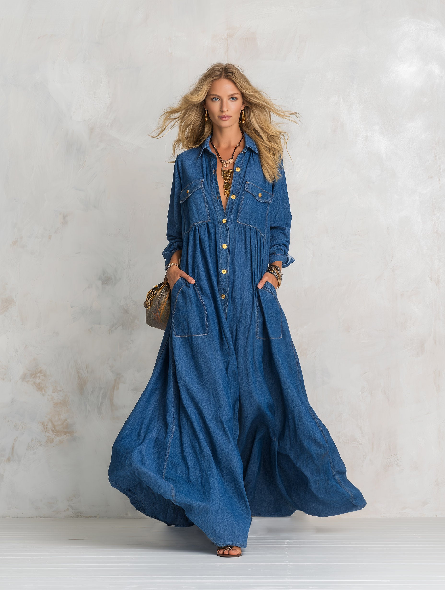 Women's Multi-pocket Full-skirt Blue Denim Maxi Dress