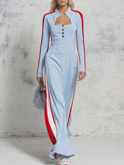 Retro Sporty Style Stand Collar Front Button Light Blue Cotton Maxi Dress