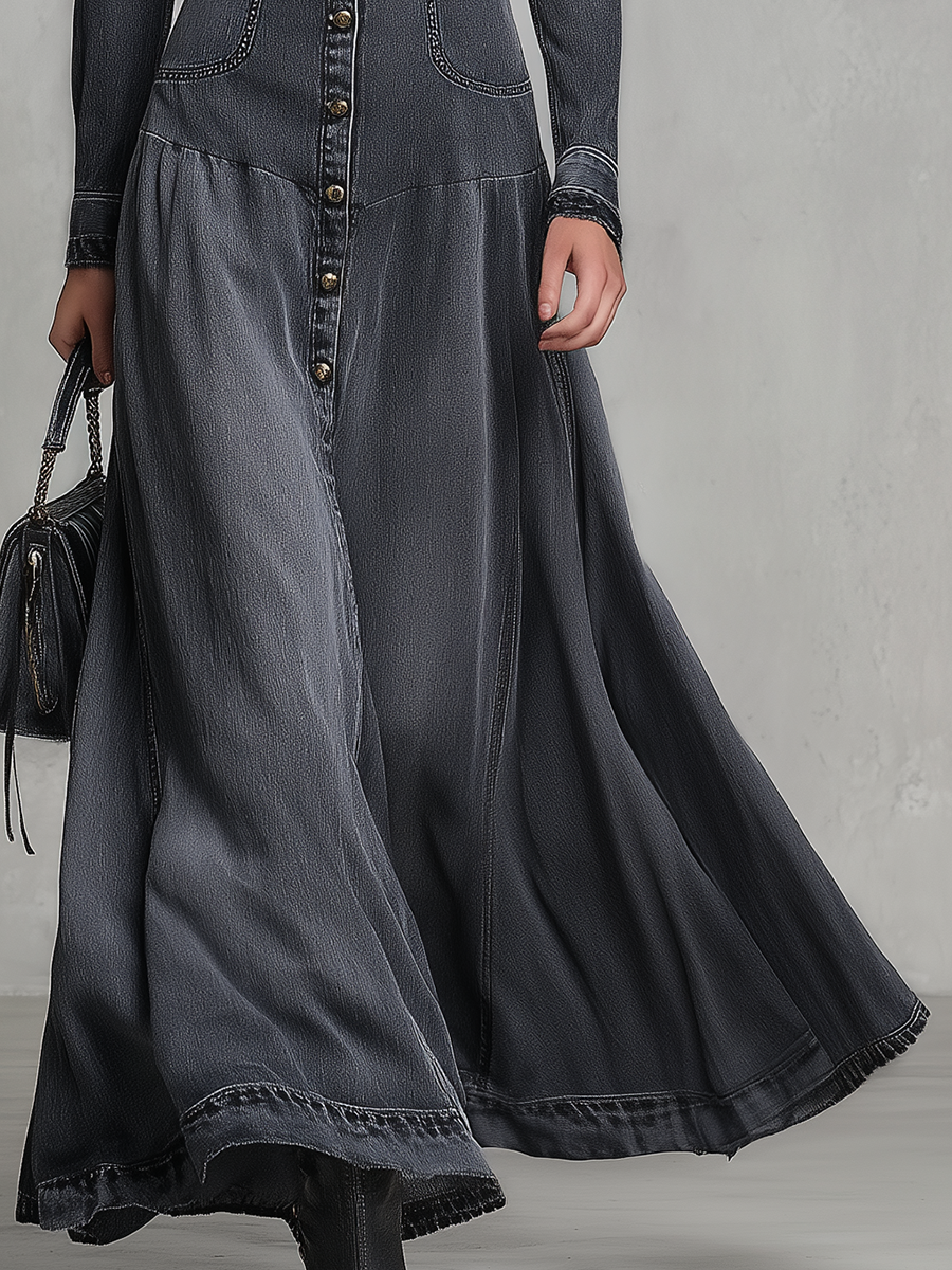 Women's Grey Denim Maxi Dress Lace V-Neck Fitted Western Gown