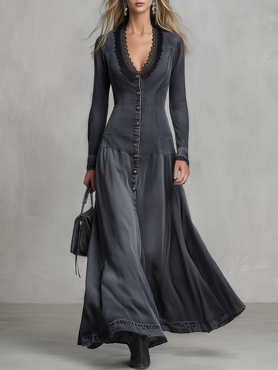 Women's Grey Denim Maxi Dress Lace V-Neck Fitted Western Gown