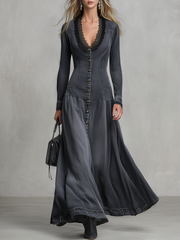Women's Grey Denim Maxi Dress Lace V-Neck Fitted Western Gown