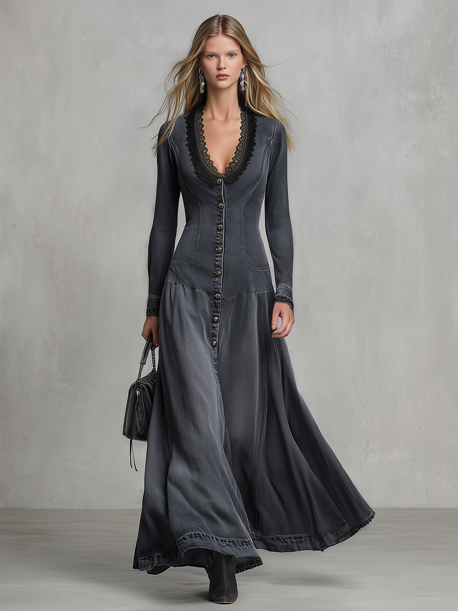 Women's Grey Denim Maxi Dress Lace V-Neck Fitted Western Gown