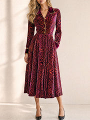 Stylish And Elegant Zebra-print Burgundy Velvet Midi Dress