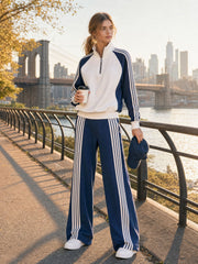 Sporty Casual Striped Half-zip Sweatshirt And Wide-leg Pants Set