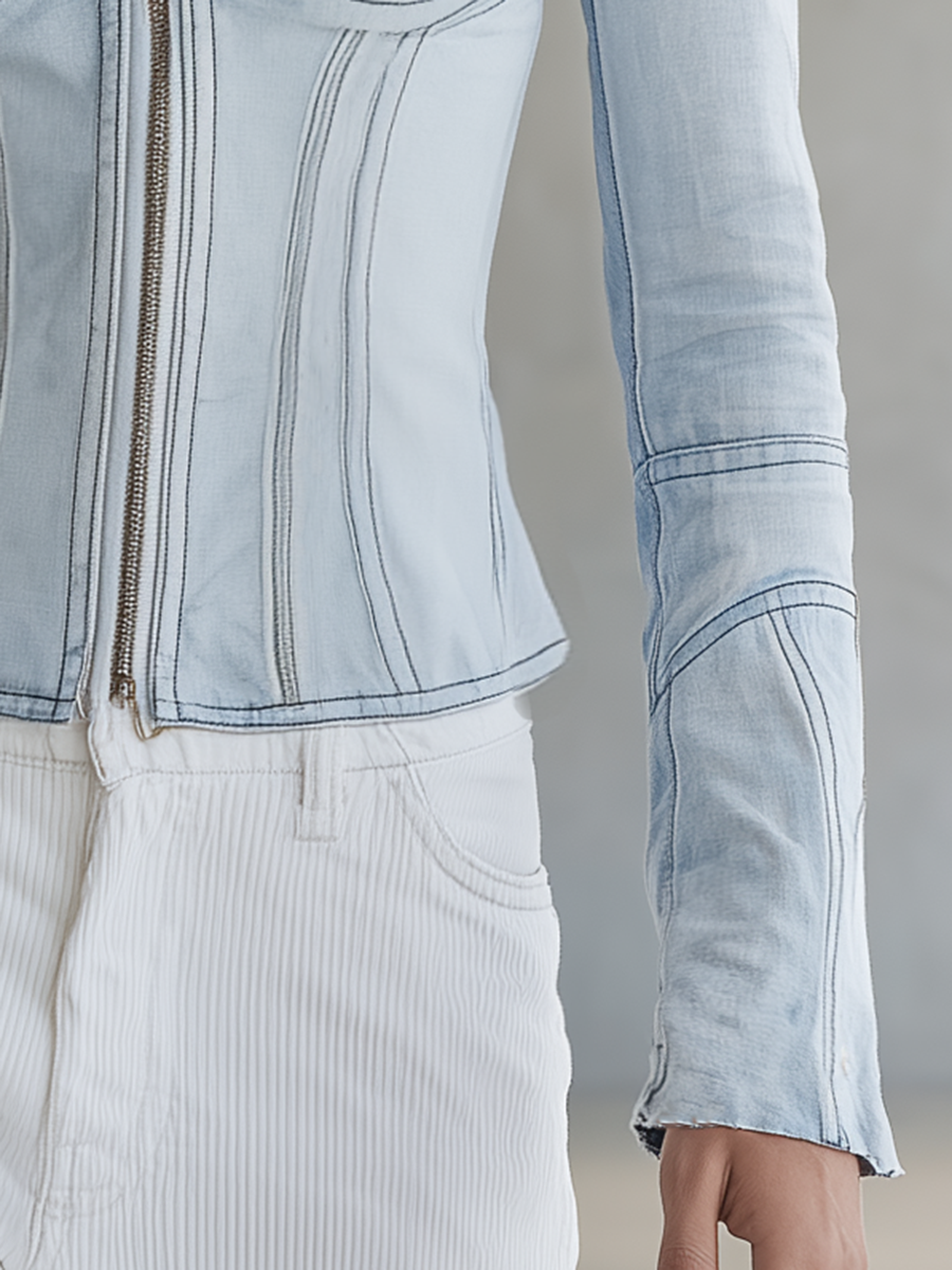 Women's Light Blue Denim Corset Top Zip Front Square Neck