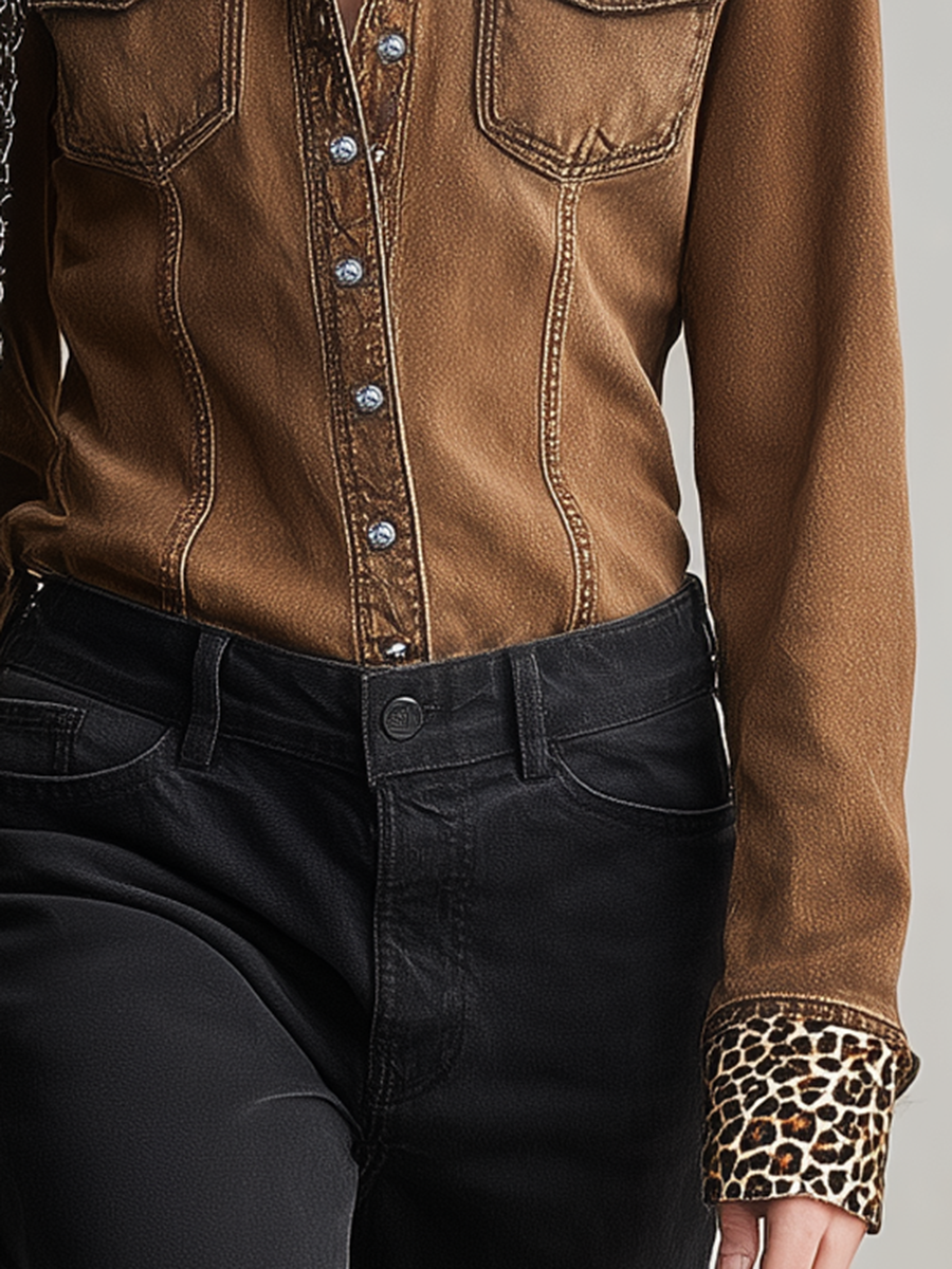 Women's Brown Denim Shirt Leopard Trim Distressed Western Snap Blouse