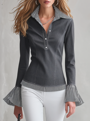 Women's Grey Denim Top Striped Flare Cuff Fitted Half-Placket Blouse