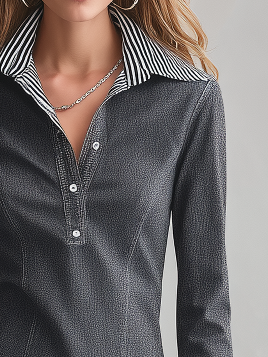 Women's Grey Denim Top Striped Flare Cuff Fitted Half-Placket Blouse