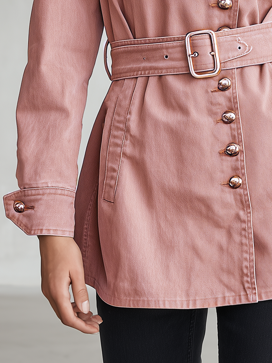 Women's Pink Belted Denim Jacket Stand Collar Fitted Western Coat