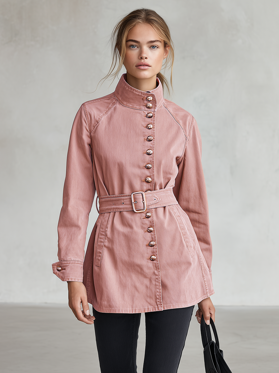 Women's Pink Belted Denim Jacket Stand Collar Fitted Western Coat