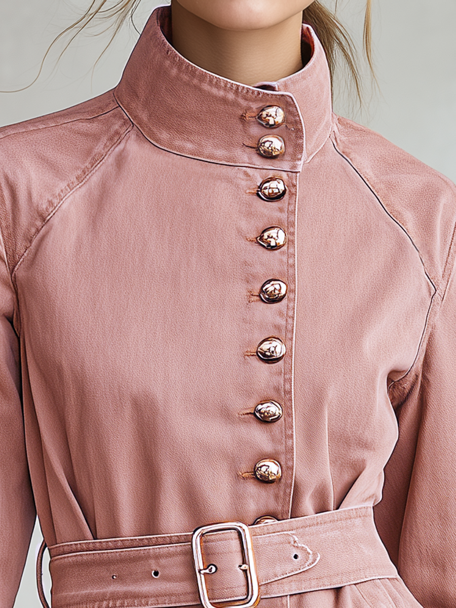 Women's Pink Belted Denim Jacket Stand Collar Fitted Western Coat