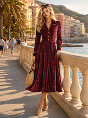 Stylish And Elegant Zebra-print Burgundy Velvet Midi Dress