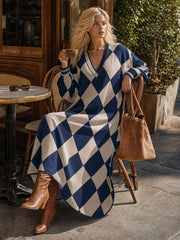 Retro-elegant Blue Diamond-patterned Cotton Maxi Dress