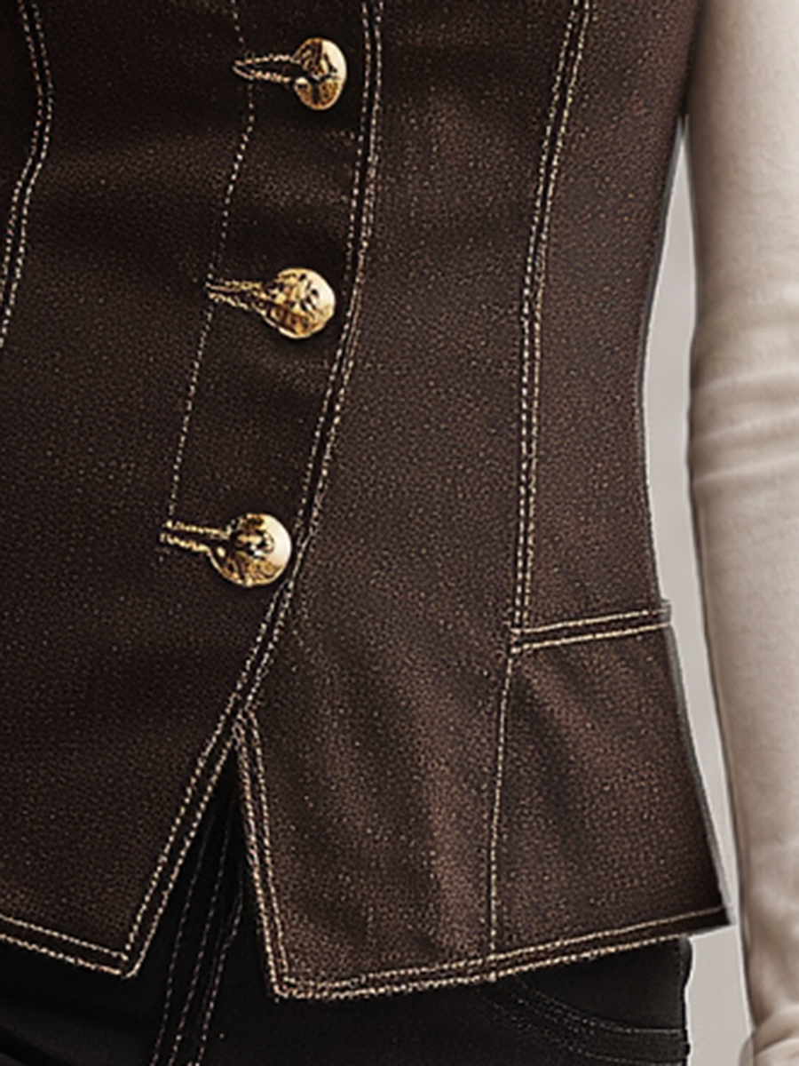 Women's Brown Denim Vest Fitted Lapel Button-Front Western Waistcoat